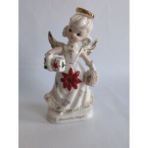 Vintage Angel Figurine Christmas December Poinsettia Shopper Knobler Ceramic